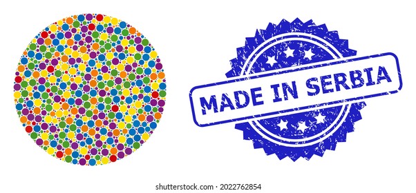 Un círculo multicolor lleno de color, y hecho en Serbia impuro sello de rosette. El sello azul contiene el título Made in Serbia dentro de la roseta.