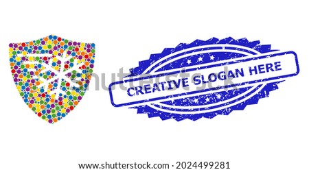 Multicolored collage frost protection, and Creative Slogan Here textured rosette stamp seal. Blue stamp contains Creative Slogan Here text inside rosette.