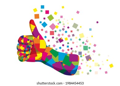 Multicolored collage of human hand with OK, gesture, thumb up. Abstract image of various squares folding into hand. Decorative vector illustration isolated on white background. Motivational poster.