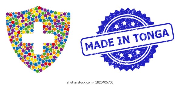 Multicolored collage medical shield, and Made in Tonga rubber rosette stamp seal. Blue stamp seal contains Made in Tonga tag inside rosette.
