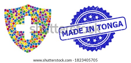 Multicolored collage medical shield, and Made in Tonga rubber rosette stamp seal. Blue stamp seal contains Made in Tonga tag inside rosette.