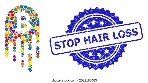 Multicolored collage melting bitcoin, and Stop Hair Loss corroded rosette seal print. Blue stamp seal has Stop Hair Loss title inside rosette.