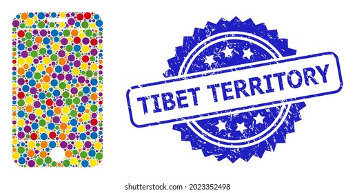 Multicolored collage phone screen, and Tibet Territory unclean rosette stamp seal. Blue stamp seal contains Tibet Territory text inside rosette.