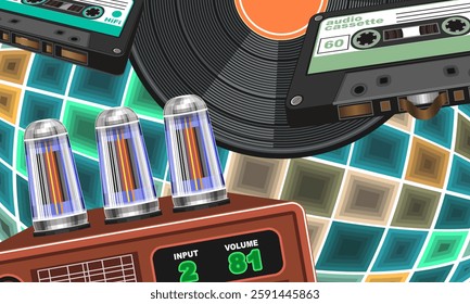 Multicolored collage with randomly placed objects related to the music culture of the 80s-90s. Tube amplifier, vinyl record, audio cassettes on the background of a disco ball. Vector illustration