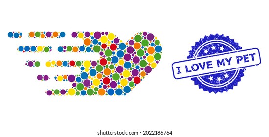 Multicolored collage rush lovely heart, and I Love My Pet rubber rosette stamp seal. Blue stamp contains I Love My Pet tag inside rosette.