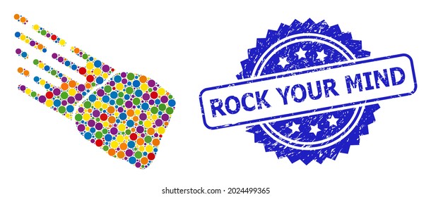 Meteorfito de piedra multicolor y roca tu mente corroyó la huella de sello de rosette. El sello azul incluye la etiqueta Rock Your Mind dentro de la roseta.