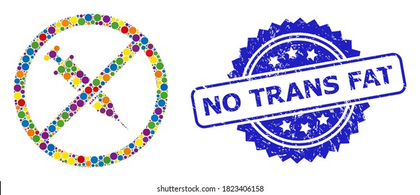 Multicolored collage stop vaccine, and No Trans Fat textured rosette seal print. Blue stamp seal has No Trans Fat title inside rosette.