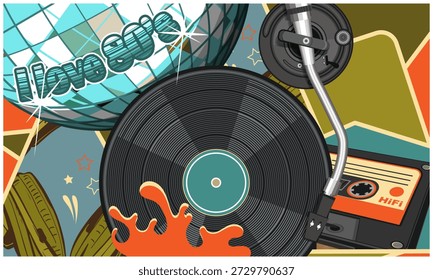 Collage multicolor con disco de vinilo, pastilla de sonido, casete de audio, bola de discoteca e inscripción - me encanta los años 80. Ilustración vectorial
