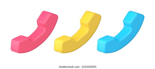 Multicolored collection of classic vintage phone handset for calling and remotely talking communication connect 3d isometric vector illustration. Bright telephone symbol of helpline, hotline service