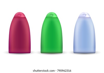 Multicolored collection of cosmetics bottles. Realistic shampoo bottle mokeup in tree different colors isolated on white background