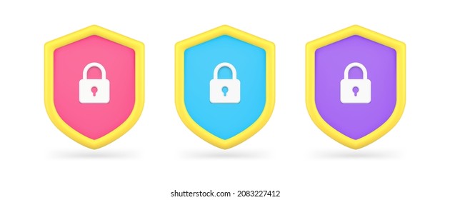 Multicolored collection protective security shields for safety digital information finance template 3d icon vector illustration. Set red, blue, purple logotype of protection guard antivirus isolated