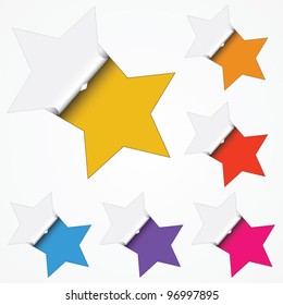 Multicolored collection of vector star stickers revealing colorful background