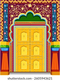 Multicolored colorful door entrance to indian temple with columns golden door paneling indian temple door decorated with many national patterns Vector