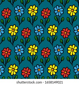 Multicolored colorful flowers isolated on a green background. Seamless pattern. Vector graphic hand drawing. Texture.