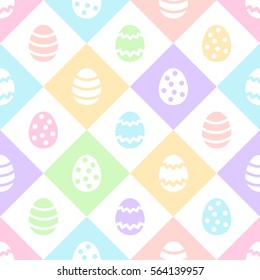 Multicolored, colorful Happy Easter seamless vector pattern. Geometric abstract ornamental texture with squares or rhombuses and simple painted eggs. Bright, colourful Easter background. Flat design.