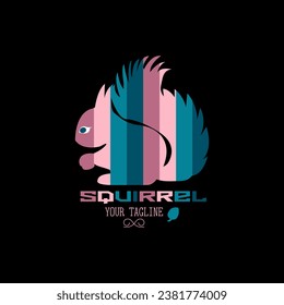 Multicolored colorful striped squirrel with one acorn. Logo with text on black background	