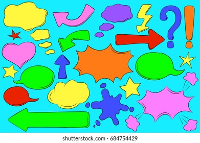 Multicolored comic bubbles for text in pop art style. Retro message box vector clipart. Blank bubbles. Arrow sign with text place. Thinking and speech cloud. Cartoon text box. Explosion speech bubble