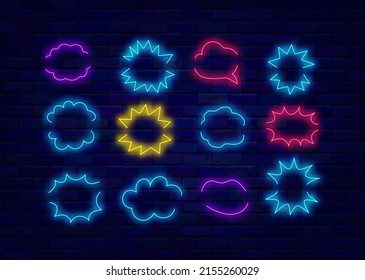 Multicolored comic speech bubbles set. Explosion frames set with various shapes. Copy space. Pop art style. Emotion concept on brick wall. Editable stroke. Vector stock illustration