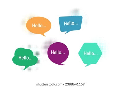 Multicolored communication speech bubbles on white background with hello text. For correspondence, customer feedback, message, online, idea concept