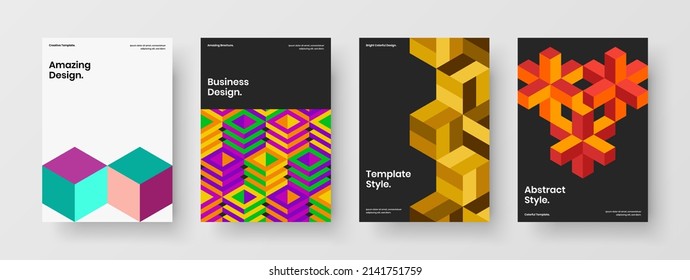 Multicolored company identity A4 design vector template set. Modern mosaic hexagons journal cover concept collection.