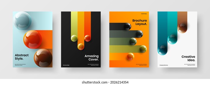 Conjunto de conceptos de diseño de vectores A4 de identidad de empresa multicolor. Colección de diseño anual de informes de bolas brillantes y realistas.