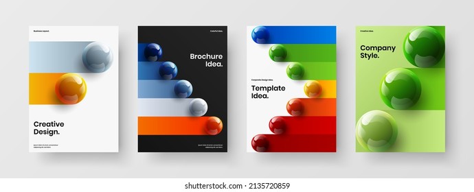 Multicolored company identity A4 vector design concept collection. Isolated 3D balls magazine cover illustration set.