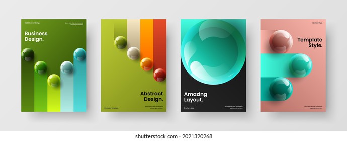 Multicolored company identity design vector concept collection. Bright realistic spheres magazine cover layout set.