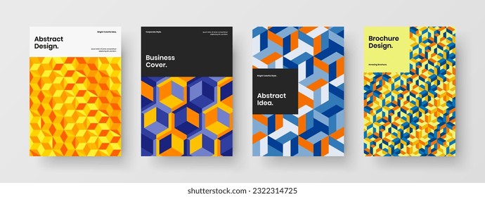 Multicolored company identity design vector template set. Minimalistic geometric hexagons presentation illustration collection.