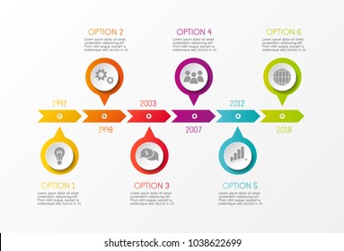 Linha do tempo da empresa multicolorida - infográfico com opções. Vetor.