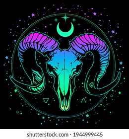 multicolored composition of goat skull and bright stars