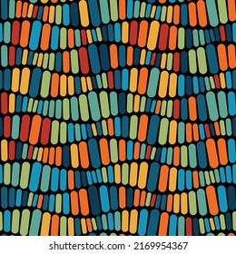 Multicolored composition of little rectangular tiles arranged on wavy horizontal stripes. Geometric texture on a black background. Seamless repeating pattern. Vector image.