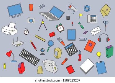 Multicolored computer equipment, stationery on a gray background in random order. Vector graphic for school, office, university banner. Small and large detailed objects. Back to school. Working mess.