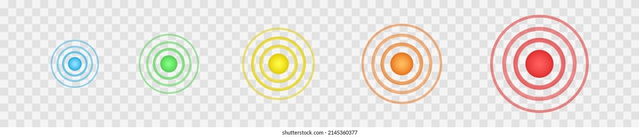 Multicolored concentric points. Symbols of aim, target, pain, healing, hurt, painkilling. Round localization icons. Radar, sound or sonar wave signs on transparent background. Vector illustration