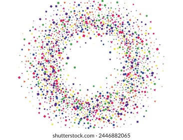 Multicolored Confetti Background White Vector. Geometric Transparent Frame. Colorful Parade. Rainbow Dot Flying. Polka Group Template.