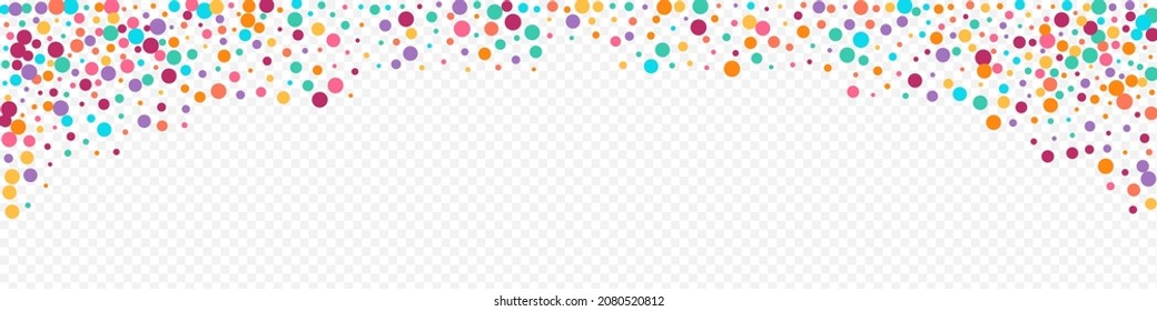 Multicolored Confetti Celebrate Vector Panoramic Transparent Background. Top Polka Wallpaper. Transparent Dot Backdrop. Color Round Christmas Illustration.
