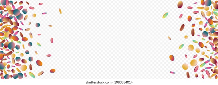 Multicolored Confetti Decoration Panoramic Transparent Background. Gradient Top Circle Postcard. Fun Pattern. Magic Celebration Texture.