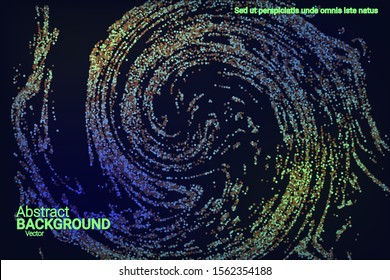 Multicolored confetti dots on a black background. Luxury holiday background. Shiny grainy abstract texture shimmers on a dark background. Design element. Vector illustration, eps 10.