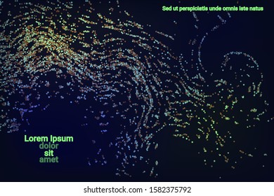 Multicolored confetti dots on a black background. Luxury holiday background. Shiny grainy abstract texture shimmers on a dark background. Design element. Vector illustration, eps 10.