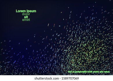 Multicolored confetti dots on a black background. Luxury holiday background. Shiny grainy abstract texture shimmers on a dark background. Design element. Vector illustration, eps 10.