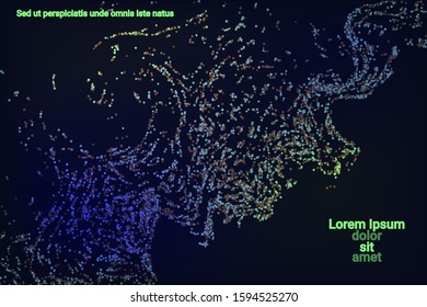 Multicolored confetti dots on a black background. Luxury holiday background. Shiny grainy abstract texture shimmers on a dark background. Design element. Vector illustration, eps 10.