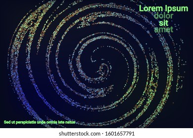 Multicolored confetti dots on a black background. Luxury holiday background. Shiny grainy abstract texture shimmers on a dark background. Design element. Vector illustration, eps 10.