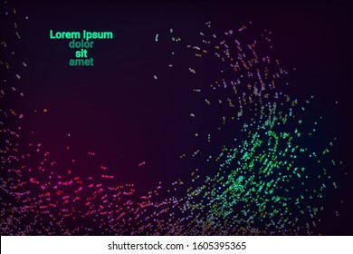 Multicolored confetti dots on a black background. Luxury holiday background. Shiny grainy abstract texture shimmers on a dark background. Design element. Vector illustration, eps 10.