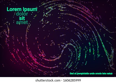Multicolored confetti dots on a black background. Luxury holiday background. Shiny grainy abstract texture shimmers on a dark background. Design element. Vector illustration, eps 10.