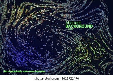 Multicolored confetti dots on a black background. Luxury holiday background. Shiny grainy abstract texture shimmers on a dark background. Design element. Vector illustration, eps 10.
