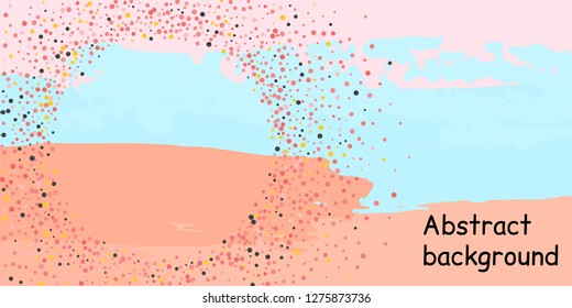Multicolored confetti dots on a striped background. The concept of festive decoration. Fashionable color concept. Pattern from a striped background with chaotic confetti dots for design poster, banner