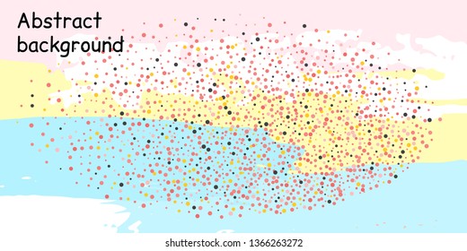 Multicolored confetti dots on a striped background. The concept of festive decoration. Fashionable color concept. Pattern from a striped background with chaotic confetti dots for design poster, banner