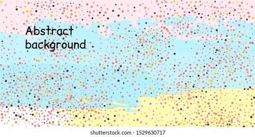Multicolored confetti dots on a striped background. The concept of festive decoration. Fashionable color concept. Pattern from a striped background with chaotic confetti dots for design poster, banner