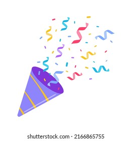 Multi-colored confetti are flying out of a firecracker. Confetti, serpentine, tinsel on a white background. Holiday, birthday.