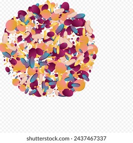 Multicolored Confetti Flying Purple Background. Colorful Festival Round Postcard. Effect Banner. Hologram Transparent Design.