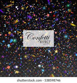 Multicolored Confetti Glitters and Stars. Vector Festive Illustration of Shiny Particles. Sparkling Texture Isolated on Transparent Checkered Background. Holiday Christmas Tinsel Element for Design